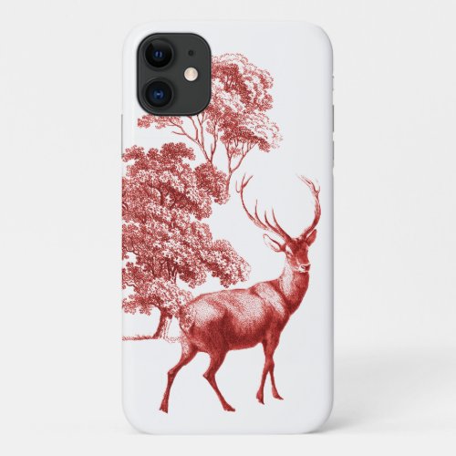 Classy Vintage Red Toile Deer in Forest iPhone 11 Case