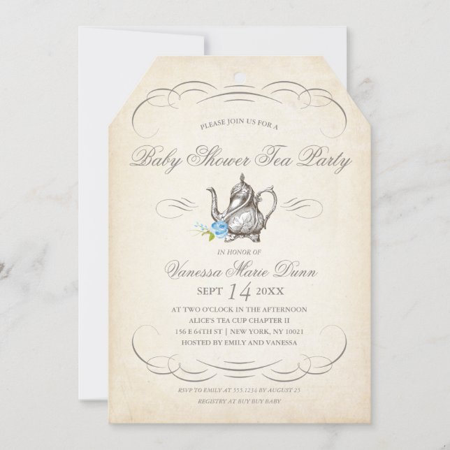 Classy Vintage Tea Party Blue | Baby Shower Invitation (Front)