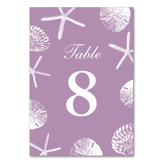 Classy Violet Beach Theme Seashells Table Numbers (Front)