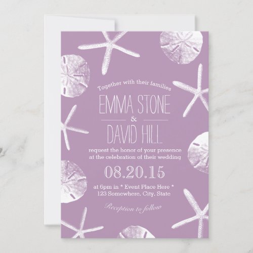 Classy Violet Starfish  Sand Dollar Beach Wedding Invitation