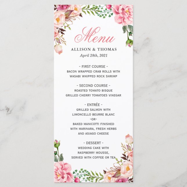 Classy Watercolor Blush Pink Floral Wedding Menu (Front)