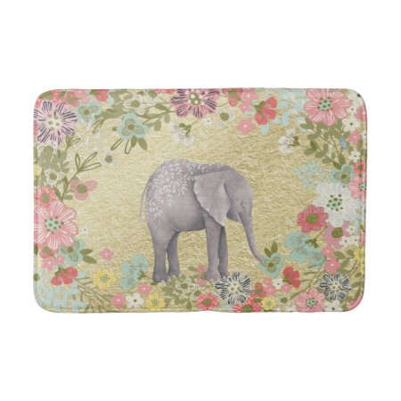 Classy Watercolor Elephant Floral Frame Gold Foil Bathroom Mat