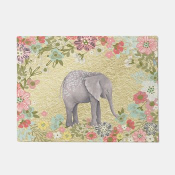 Classy Watercolor Elephant Floral Frame Gold Foil Doormat by GiftsGaloreStore at Zazzle