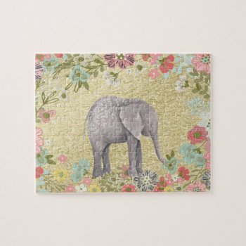 Classy Watercolor Elephant Floral Frame Gold Foil Jigsaw Puzzle by GiftsGaloreStore at Zazzle