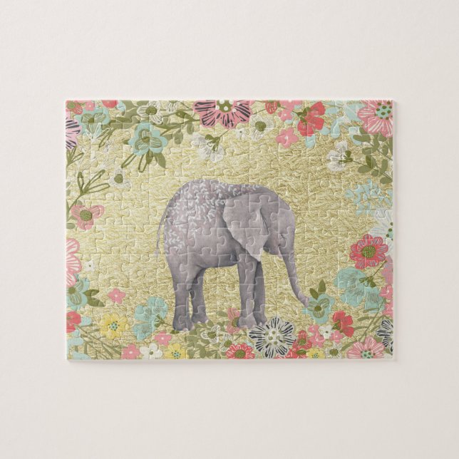 Classy Watercolor Elephant Floral Frame Gold Foil Jigsaw Puzzle (Horizontal)