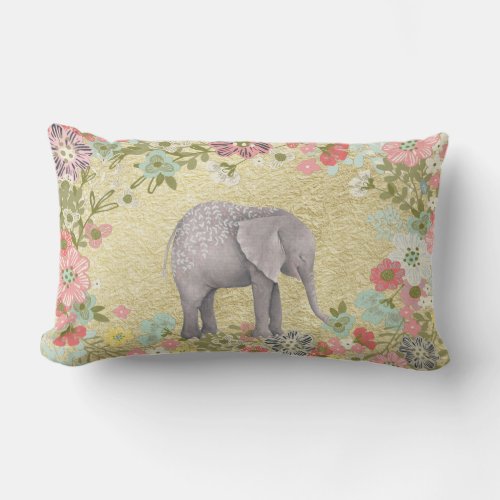 Classy Watercolor Elephant Floral Frame Gold Foil Lumbar Pillow