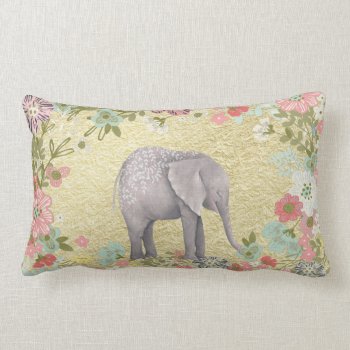 Classy Watercolor Elephant Floral Frame Gold Foil Lumbar Pillow by GiftsGaloreStore at Zazzle