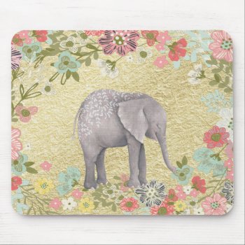 Classy Watercolor Elephant Floral Frame Gold Foil Mouse Pad by GiftsGaloreStore at Zazzle