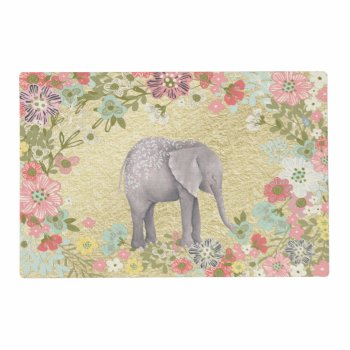 Classy Watercolor Elephant Floral Frame Gold Foil Placemat by GiftsGaloreStore at Zazzle