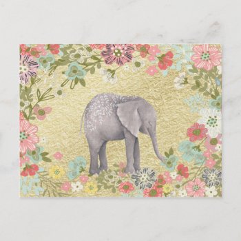 Classy Watercolor Elephant Floral Frame Gold Foil Postcard by GiftsGaloreStore at Zazzle