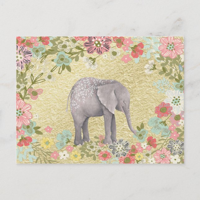 Classy Watercolor Elephant Floral Frame Gold Foil Postcard (Front)