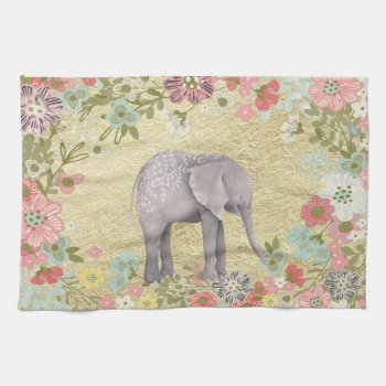 Classy Watercolor Elephant Floral Frame Gold Foil Towel by GiftsGaloreStore at Zazzle