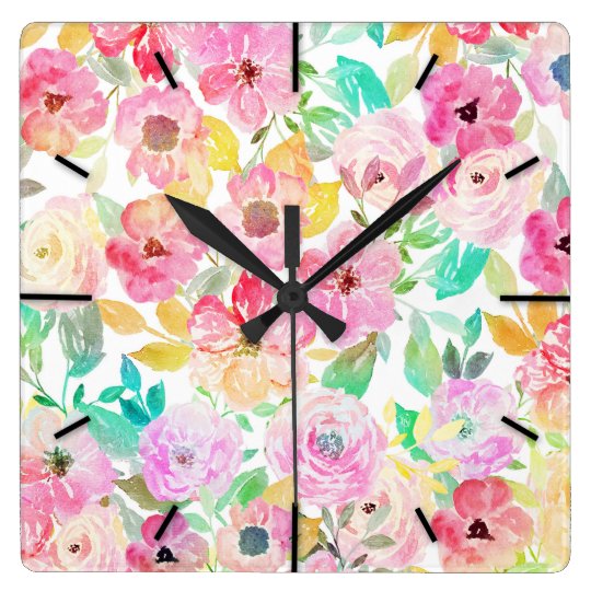 Classy Watercolor Hand Paint Floral Design Square Wall Clock