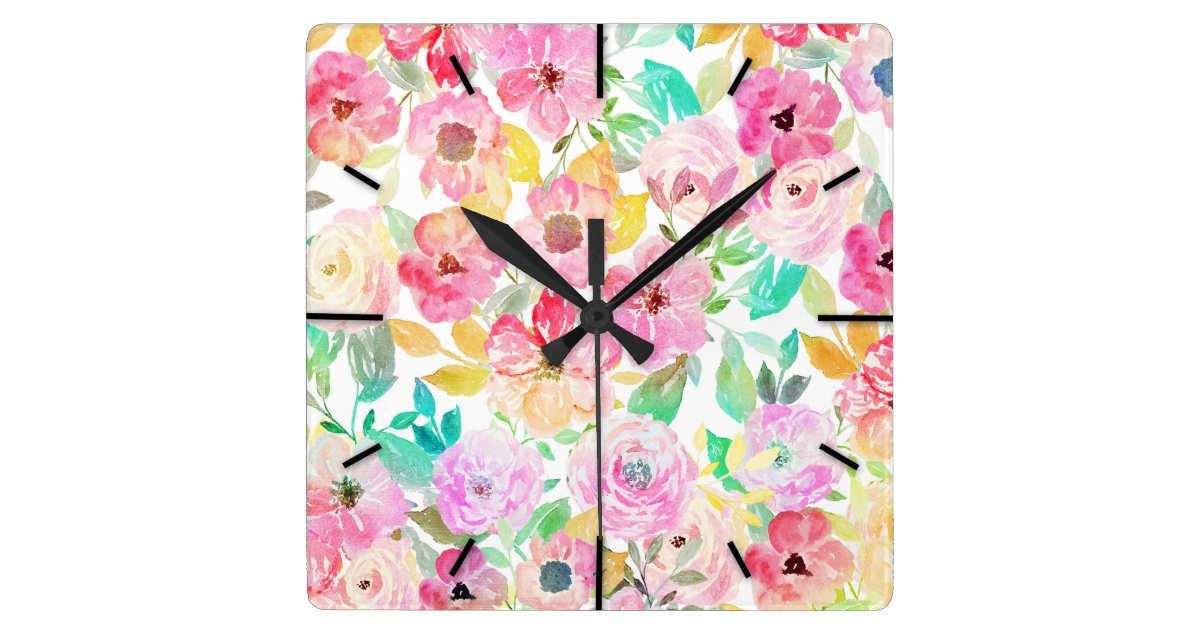 Classy Watercolor Hand Paint Floral Design Square Wall Clock Zazzle