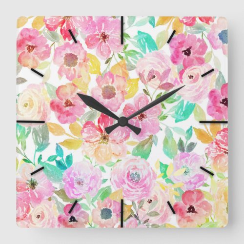 Classy watercolor hand paint floral design square wall clock