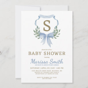 Classy Watercolor Monogram Boy Baby Shower Invitation