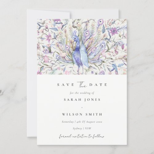 Classy Watercolor Peacock Floral Save The Date Invitation