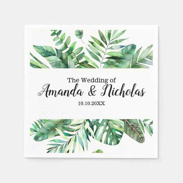 Classy Watercolor tropical leaves green Wedding Napkins (Front)
