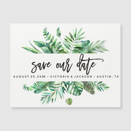 Classy Watercolor Tropical Leaves save our date V2 (Front)