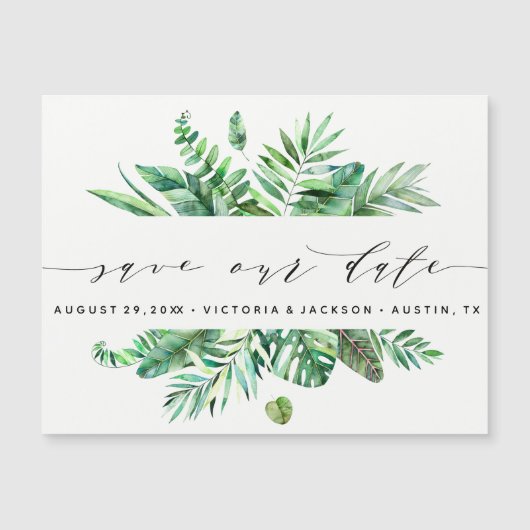 Classy Watercolor Tropical Leaves save our date V3 (Front)
