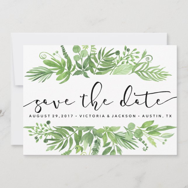 Classy Watercolor wild meadow green save the date (Front)