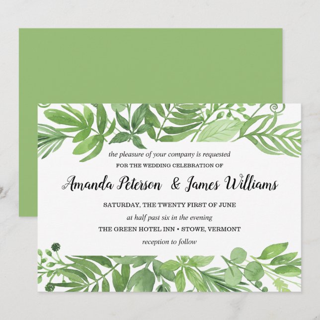 Classy Watercolor wild meadow green Wedding Invitation (Front/Back)