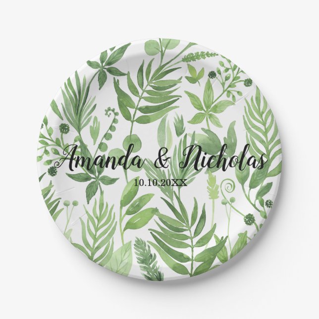 Classy Watercolor wild meadow green Wedding Paper Plates (Front)