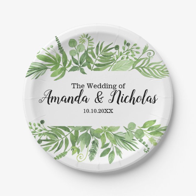 Classy Watercolor wild meadow greenery Wedding Paper Plates (Front)