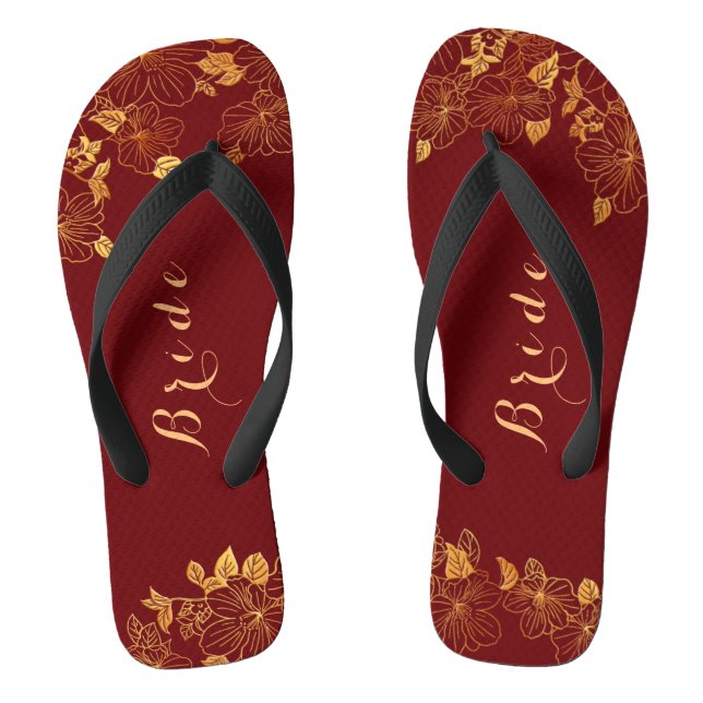 Classy Wedding Bride Deep Burgundy & Gold Foliage Flip Flops (Footbed)