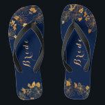Classy Wedding Bride Deep Gold Foliage Navy Blue Flip Flops<br><div class="desc">These classy wedding bride gold foliage navy blue flip flops have a dark blue background that is adorned with an intricate gold floral greenery pattern and customizable modern typography. The combination of the rich navy and the shimmering gold create an elegant and luxurious aesthetic. View the collection on this page...</div>