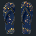 Classy Wedding Bride Deep Gold Foliage Navy Blue Flip Flops<br><div class="desc">These classy wedding bride gold foliage navy blue flip flops have a dark blue background that is adorned with an intricate gold floral greenery pattern and customizable modern typography. The combination of the rich navy and the shimmering gold create an elegant and luxurious aesthetic. View the collection on this page...</div>