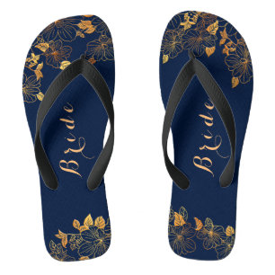 Classy Wedding Bride Deep Gold Foliage Navy Blue Flip Flops