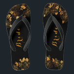 Classy Wedding Bride Luxury Black & Gold Foliage Flip Flops<br><div class="desc">These classy wedding Bride Luxury Black and gold foliage flip flops boasts a luxurious black and gold palette, with a stunning golden floral pattern and modern typography set against a black background, exuding elegance and sophistication. View the collection on this page to find matching items. ♥Customize it with your information....</div>