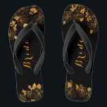 Classy Wedding Bride Luxury Black & Gold Foliage Flip Flops<br><div class="desc">These classy wedding Bride Luxury Black and gold foliage flip flops boasts a luxurious black and gold palette, with a stunning golden floral pattern and modern typography set against a black background, exuding elegance and sophistication. View the collection on this page to find matching items. ♥Customize it with your information....</div>