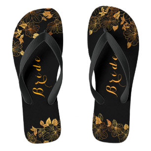 Classy Wedding Bride Luxury Black & Gold Foliage Flip Flops