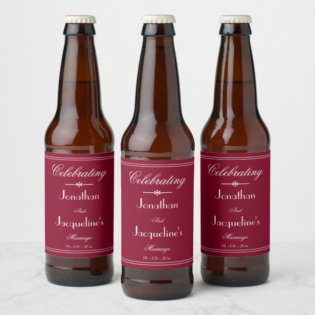 Classy Wedding Custom Names Elegant Burgundy Beer Bottle Label (Bottles)