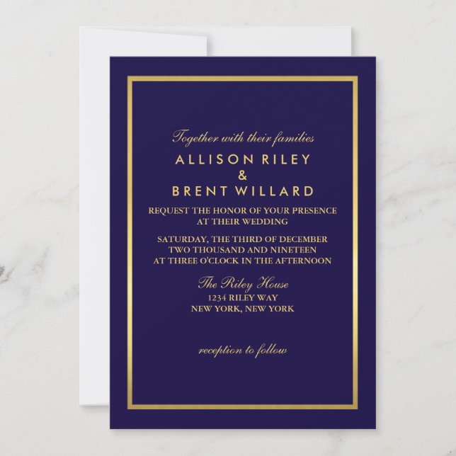 Classy Wedding Invitation Gold Foil - Navy Blue (Front)