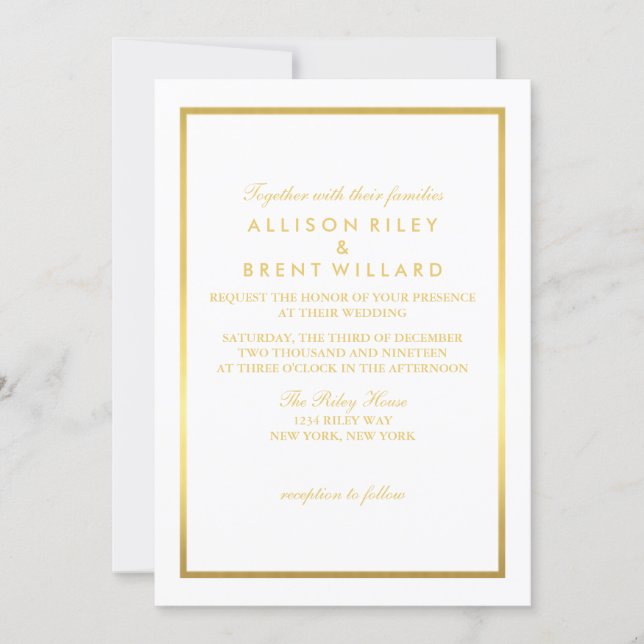 Classy Wedding Invitation Gold Foil - White (Front)
