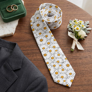 Classy Wedding Necktie With Yellow White Daisies