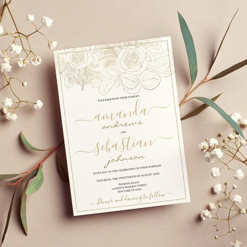 Classy white and gold roses floral wedding  invitation