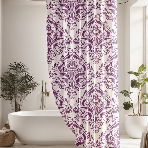 Classy White And Purple Damask Pattern Shower Curtain