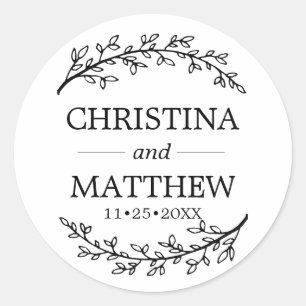Classy White Black Laurel Branches Wedding Classic Round Sticker