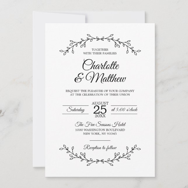 Classy White Black Laurel Wreath Branches Wedding Invitation (Front)