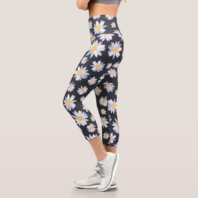 Classy White Daisy Flowers Botanical Capri Leggings (Left)