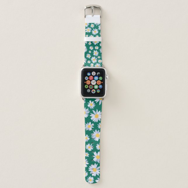 Classy White Daisy Flowers Botanical Green design Apple Watch Band (Front)