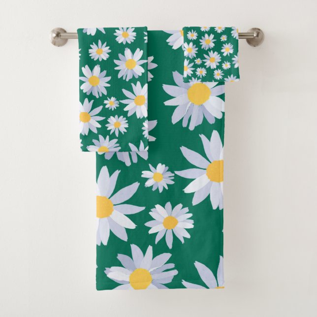 Classy White Daisy Flowers Botanical Green design Bath Towel Set (Insitu)