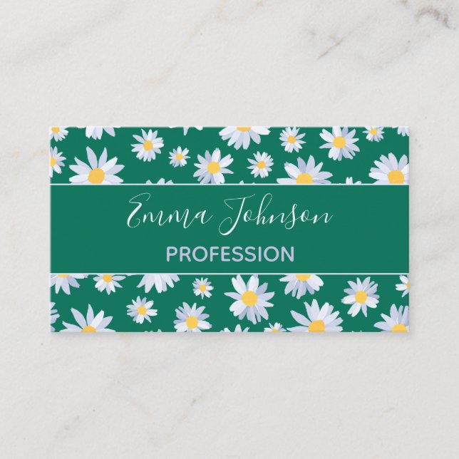Classy White Daisy Flowers Botanical Green design Business Card (Front)