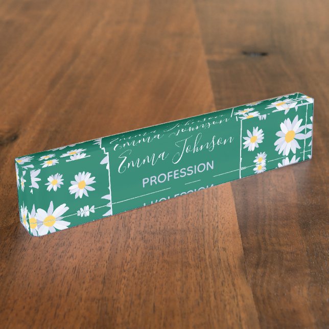 Classy White Daisy Flowers Botanical Green design Desk Name Plate (Side)