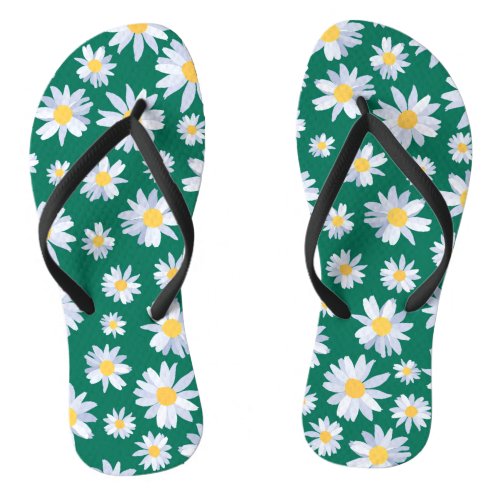 Classy White Daisy Flowers Botanical Green design Flip Flops