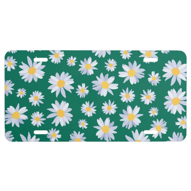 Classy White Daisy Flowers Botanical Green design License Plate (Front)